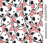 Cute bull terrier puppy face cartoon seamless pattern, vector illustration