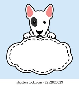 Cute bull terrier puppy with frame border template cartoon, vector illustration