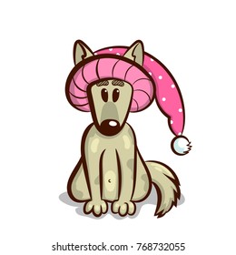 Cute bull terrier puppy in funny pink hat isolated on white background. Vector illustration
