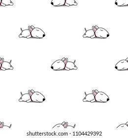 Cute bull terrier puppy sleeping seamless pattern, vector illustration