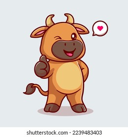 Cute Bull Thumbs Up Cartoon Vector Icon Illustration. Animal Nature Icon Concept Isolated Premium Vector. Flat Cartoon Style