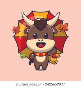 Niedlicher Stier mit Regenschirm in der Herbstsaison. Maskottchen Cartoon Vektor-Illustration geeignet für Poster, Broschüre, Web, Maskottchen, Aufkleber, Logo und Symbol.