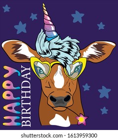 
Cute bull unicorn on the starry sky. Taurus zodiac sign. Happy birthday - lettering. Humor card, t-shirt composition, hand drawn style print. Vector illustration. Cute cow in glasses 