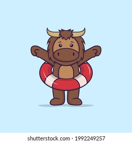 Cute bull using a float. Animal cartoon concept isolated. Can used for t-shirt, greeting card, invitation card or mascot.