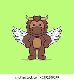 Cute bull using wings. Animal cartoon concept isolated. Can used for t-shirt, greeting card, invitation card or mascot.