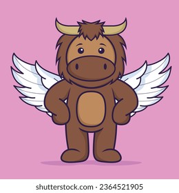 Cute bull using wings. Animal cartoon concept isolated. Can used for t-shirt, greeting card, invitation card or mascot.