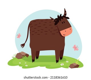 Cute bull vector flat illustration with landscape isolated on white background. Farm animals cartoon bull character an a grass