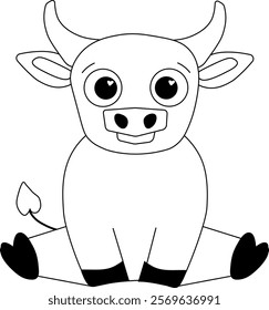 cute bull vector graphic line character. Cow, farm animal emblem. Drawing simple black and white  illustration on transparent background, chinese new year
