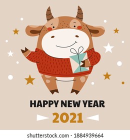 Cute bull waving his hand and holding a gift. Holiday card with the image of cartoon bull.