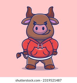 Cute Bull Wearing Hoodie Jacket Cartoon Vector Icon Illustration. Animal Fashion Icon Concept Isolated Premium Vector. Flat Cartoon Style