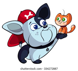 cute bulldog and adorable red cat