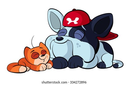 cute bulldog and adorable red cat