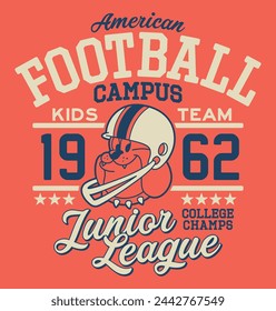 Lindo bulldog americano campus junior liga de fútbol vintage impresión vectorial para niños 