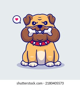 Cute Bulldog Bite Bone Cartoon Vector Icon Illustration. Animal Nature Icon Concept Isolated Premium Vector. Flat Cartoon Style