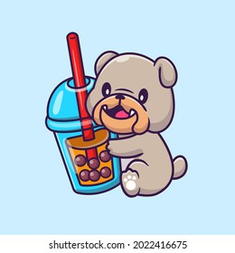 Cute Bulldog With Boba Milk Tea Cartoon Vector Icon Illustration. Animal Drink Icon Concept Isolated Premium Vector. Flat Cartoon Style