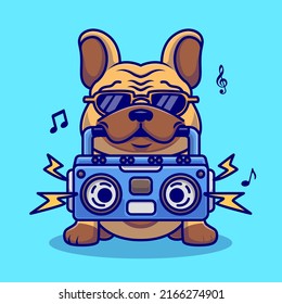 Cute Bulldog Con Ilustración Del Icono Del Vector De Caricatura De Boombox. Vector Premium Aislado De Concepto De Icono De Música Animal. Estilo de dibujo plano