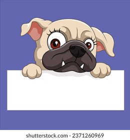 Cute bulldog cartoon peeking behind the blank sign character design illustration