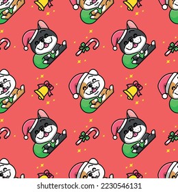 CUTE BULLDOG IS CARYING CHRISTMAS BAG SEAMLESS PATTERN