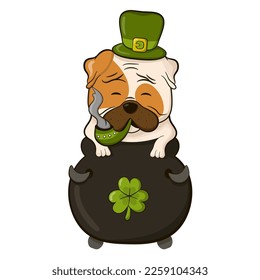 Cute bulldog in cauldron with shamrock smoking pipe for St Patrick`s Day in cartooon style isolated on white background, design element for greeting cards or invitations