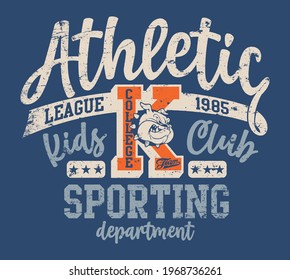 Cute Bulldog college athletic department grunge vector print for children t shirt sport wear 