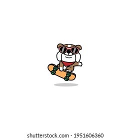 Cute bulldog dog playing skateboard cartoon, vector illustration