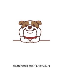 Cute bulldog dog smiling over wall cartoon, vector illustration