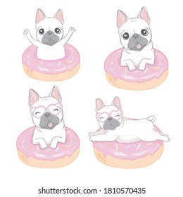 Cute bulldog and a donut on an isolated white background. Illustration, vector