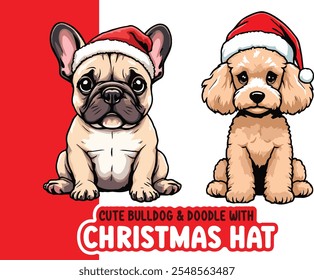 Cute Bulldog and Doodle with Christmas Hats – Vector Holiday Illustration