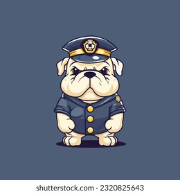 Cute bulldog dressed as a police officer in a 2D cartoon vector illustration