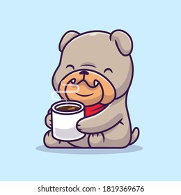 Cute Bulldog Drinking Hot Coffee Cartoon Vector Icon Illustration. Animal Food Icon Concept Isolated Premium Vector. Flat Cartoon Style