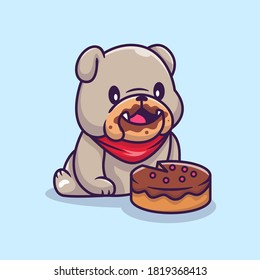 Cute Bulldog Eating Cake Cartoon Vector Icon Illustration. Animal Food Icon Concept Isolated Premium Vector. Flat Cartoon Style