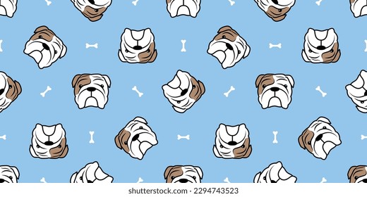Cute bulldog face with bone cartoon seamless pattern, vector illustration