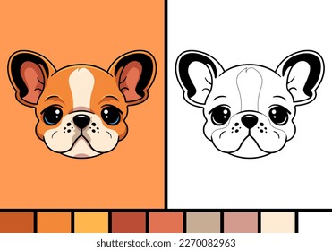 Cute bulldog face cartoon illustration in coloring page style baby pet animal