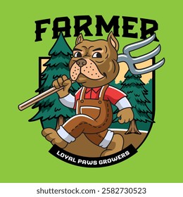 Cute Bulldog Farmer holding Pitchfork Mascot Cartoon Character Illustration