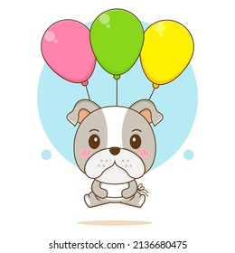 Cute bulldog floating with balloons cartoon character
