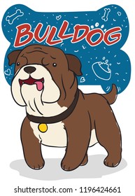 Cute bulldog with funny dumb face with greeting sign in doodle style, thinking in delicious food, bones and the love of its owner.