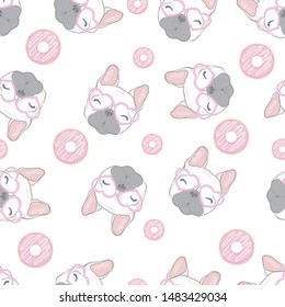 cute bulldog with glasses and donut seamless pattern isolated on white background. Vector illustration.