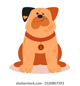 Cute bulldog with heart accents and medal on white background.Vector illustration in a Flat style.Isolated Background
