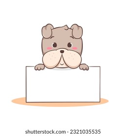 Cute Bulldog holding empty board cartoon character. Adorable animal concept flat design. Isolated white background. Vector art illustration.