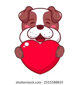 Lindo Bulldog Holding Love Ilustración vectorial de dibujos animados. Adorable diseño de concepto de mascota de icono de personaje animal kawaii. Fondo blanco aislado.