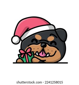 A CUTE BULLDOG IS HOLDING A PRESENT CARTOON ILLUSTRATION