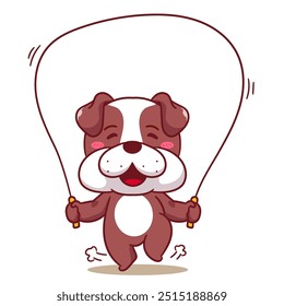 Ilustração de vetor de desenho animado Bulldog Jump Rope. Adorável Kawaii Animal Personagem Ícone Mascote Conceito Design. Fundo Branco Isolado.