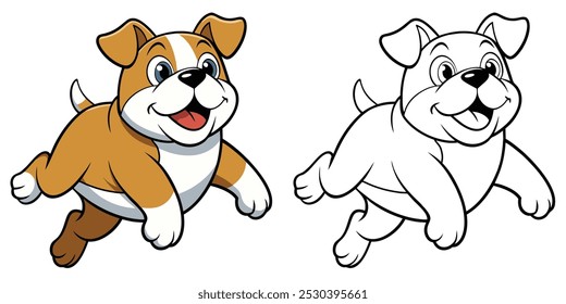 Bela Bulldog Saltando Páginas De Coloração Para Crianças. Bulldog Cartoon Coloring Book Imprimível. Ícone Bulldog. Design Vetor de Ilustração de Salto de Cartoon Bulldog Bonito no Plano de Fundo Branco