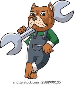 Cute Bulldog Mechanic holding Wrench or Spanner Mascot Cartoon Character Illustration