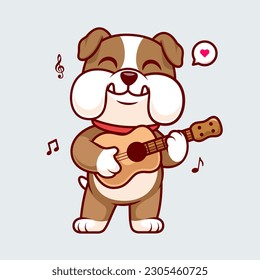 Cute Bulldog Playing Guitar Cartoon Vector Icon Illustration. Animal Music Icon Concept Isolated Premium Vector. Flat Cartoon Style