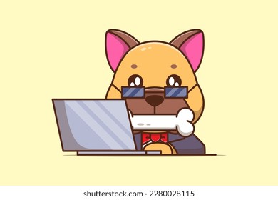 Cute Bulldog Playing Laptop and Bones