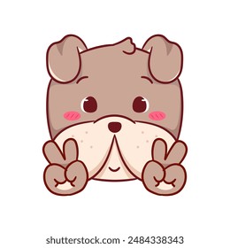 Cute Bulldog, Poses Peace Hand Sign Gesture Cartoon Character. Adorable and Kawaii Animal Icon Mascot Concept Design. Logo Vector Illustration. Isolated White Background.