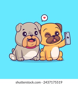 Cute Bulldog And Pug Dog Selfie With Phone Cartoon Vector Icon Illustration. Animal Technology Icon Concept Isolated Premium Vector. Flat Cartoon Style