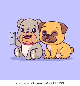 Cute Bulldog And Pug Dog Selfie With Phone Cartoon Vector Icon Illustration. Animal Technology Icon Concept Isolated Premium Vector. Flat Cartoon Style