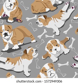 
Cute bulldog puppies with bones seamless pattern on a gray background. For postcards, children's wallpapers,  fabrics, print for pajamas